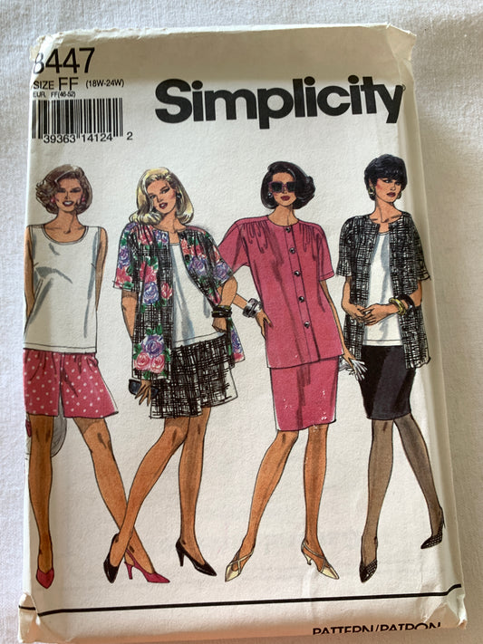 Simplicity Sewing Pattern 8447 Misses' Shirt Jacket, Skirt, Shorts, Tank Top, Loose-Fitting, Pockets, Elastic Waist, Size 18W-24W, Uncut, Vintage 1993