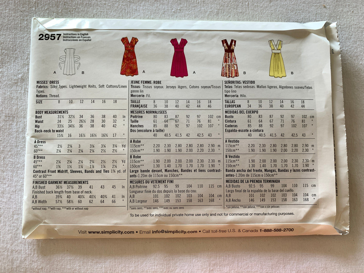 Simplicity Sewing Pattern 2957 Misses' Dresses, 3 Variations, Sleeveless, Tie End, Size 8-18, Uncut, Vintage 2008
