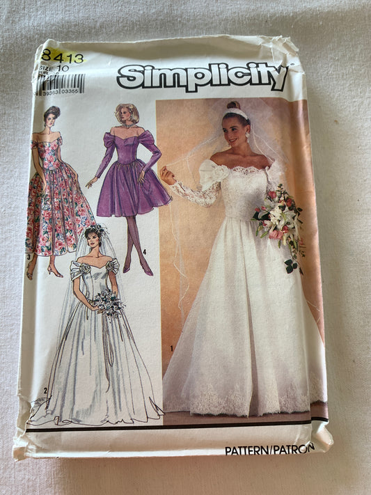 Simplicity Sewing Pattern 8413Misses' Bride Dress, Bridesmaids' Princess Seams, Long/Short Sleeves, Train Extension, Size 10, Uncut, Vintage 1990