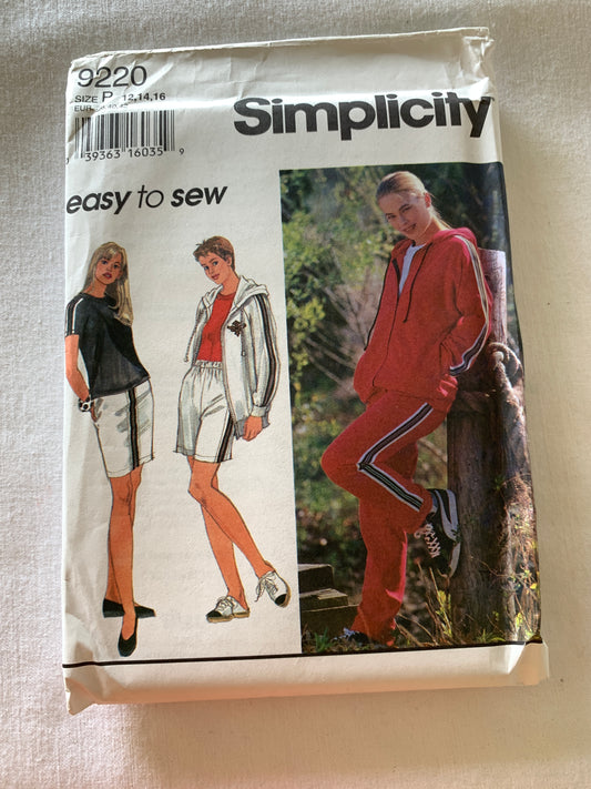 Simplicity Sewing Pattern 9220 Misses' Pants, Mini Skirt, Shorts, Jacket, Hood,Pullover, Two Lengths, Long/Short Sleeves, Pockets, Size 14-16, Uncut, Vintage 1994