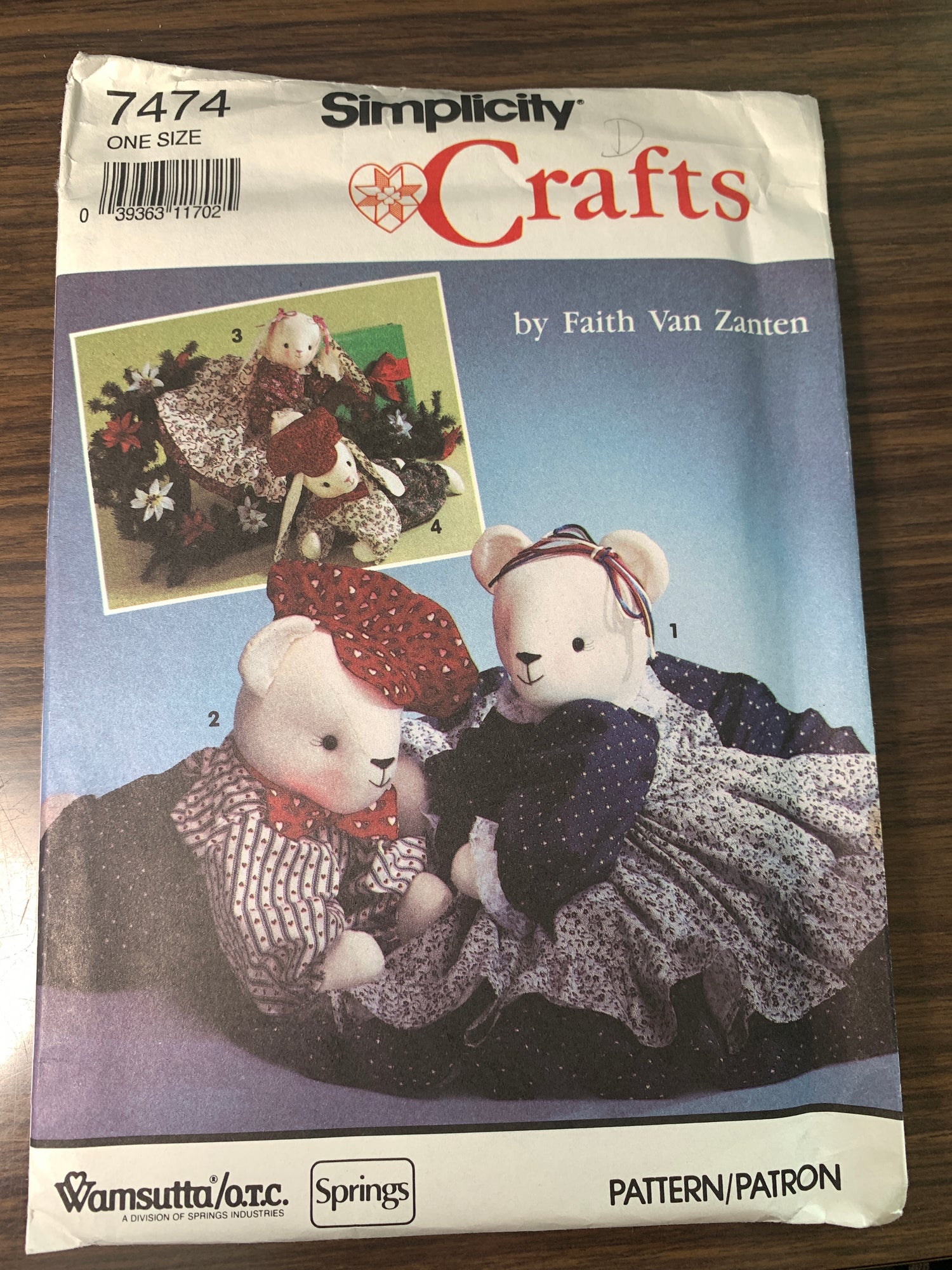 Simplicity Sewing Pattern Faith Van Zanten 7474 20" Sitting Bunny, Bear Clothes, Hat, Dress, Pantaloons Uncut, Vintage 1991