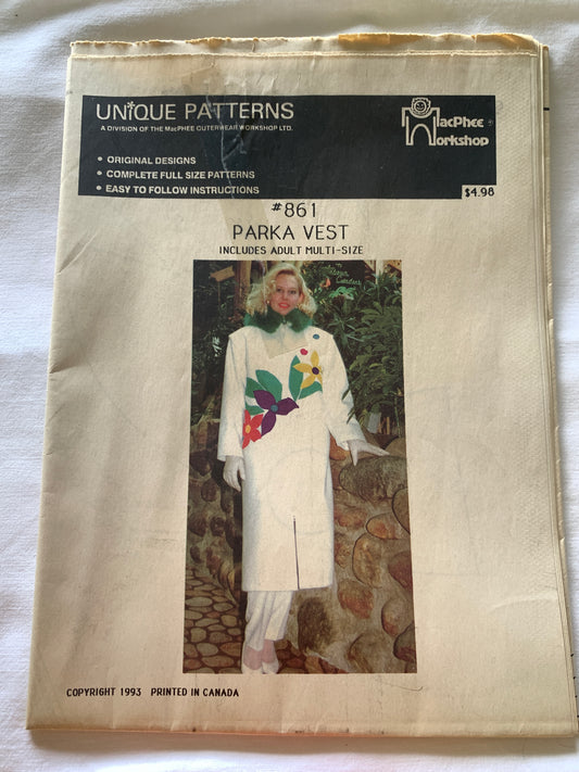 Unique Sewing Patterns Adult  Parka Vest, MacPhee Workshop, Pockets, Collar, Zipper Front, Size 32-46, Uncut, Vintage 1980