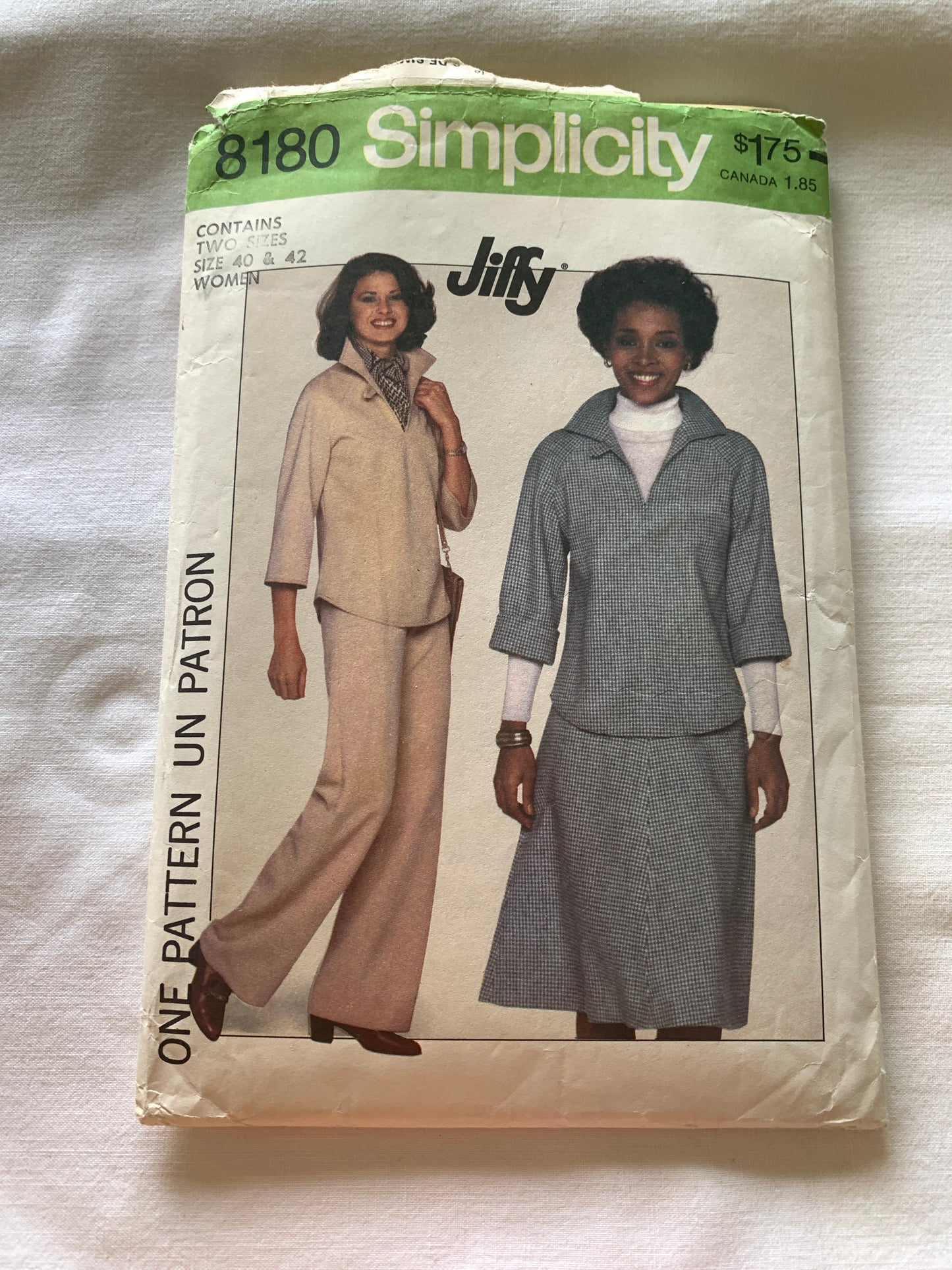 Simplicity Jiffy Sewing Pattern 8180 Misses' Skirt, Pants, Pullover Top, Elastic Waist, Loose-Fitting, Zipper Back, Size 40-42, Uncut, Vintage 1977