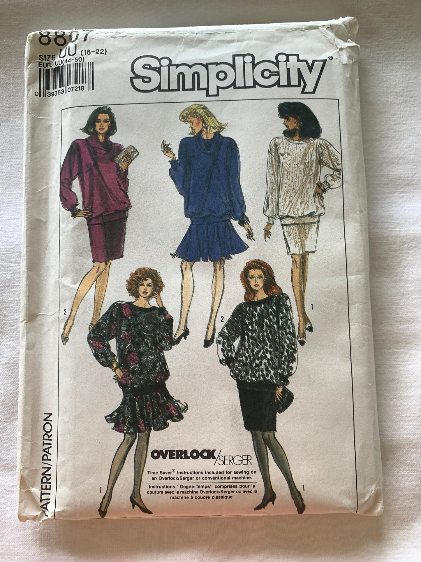 Simplicity Sewing Pattern 8807 Misses' Pullover Tops, Skirts, Elastic Waist, Long Sleeves, Size 16-22, Uncut, Vintage 1998