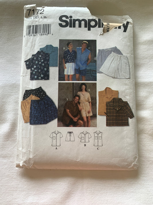 Simplicity Sewing Pattern 7172 Misses'/Men's Shirt, Shorts,Two Lengths, Short Sleeves, Button Front, Pockets, Elastic Waist, Size 42-48, Uncut, Vintage 1996