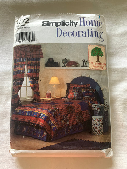Simplicity Home Sewing Pattern 7772 Twin Size, Duvet Cover, Dust Ruffle, Curtains, Pillows, Basket, Covers, Tissue Box, Uncut, Vintage 1997
