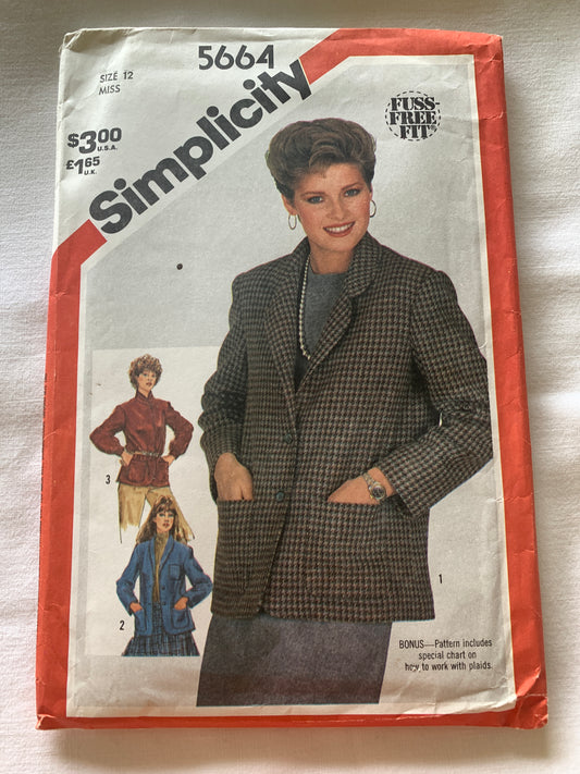 Simplicity Sewing Pattern 5664 Misses' Unlined Jacket, Semi-Fitted, Button Front, Long Sleeves, Pockets, Size 12, Uncut, Vintage 1982