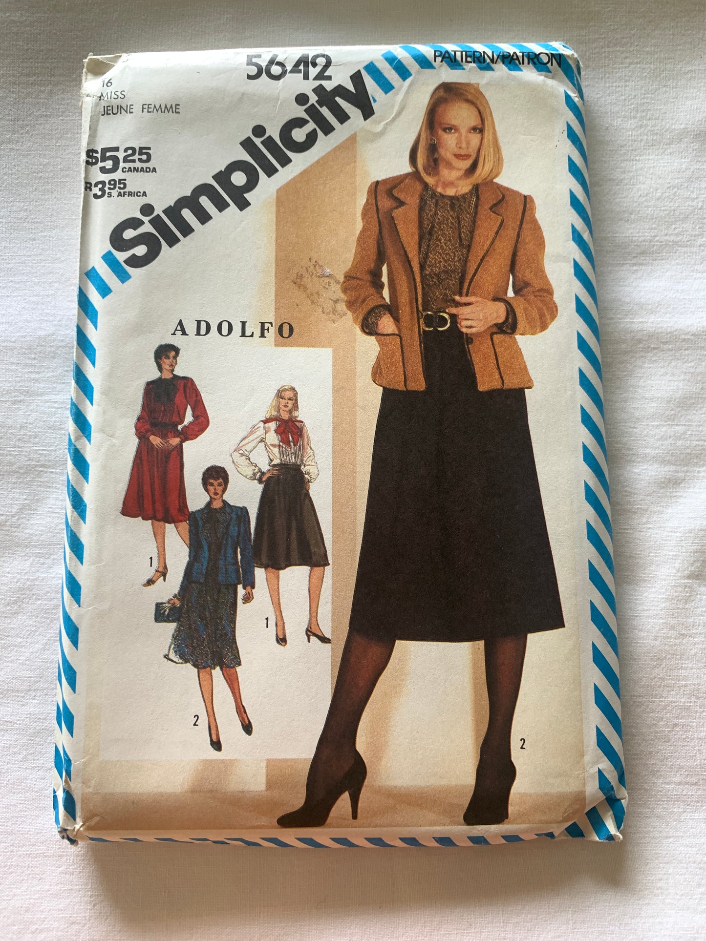 Simplicity Sewing Pattern 5642 Misses' Two-Piece Dress, Blouse, Skirt, Lined Jacket, Semi-Fitted, Size 16, Uncut, Vintage 1982