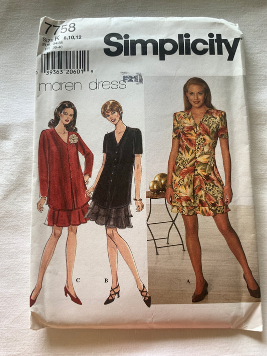 Simplicity Sewing Pattern 7758 Misses'/Petite Dresses, Pullover, Long/Short Sleeves, Flared, Tie Ends, Size 8-12, Uncut, Vintage 1987