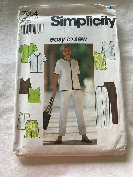 Simplicity Sewing Pattern 7654 Misses'/Misses' Petite Jacket, Skirt, Pants, Skirt, Zipper Back, Two Lengths, Size 4-6, Uncut, Vintage 1997