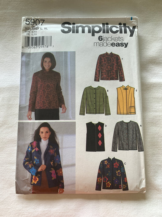 Simplicity Sewing Pattern 5907 Misses' Jacket, Vest, Long Sleeves, Sleeveless, Button Front, 6 Variations, Size 18-24, Uncut, Vintage 2002