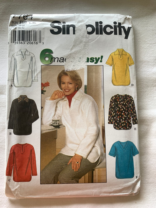 Simplicity Sewing Pattern 7764 Misses' Tunic, Long/Short Sleeves, Pullover, Neckline Variations, 6 Variations, Size 18-24, Uncut, Vintage 1997