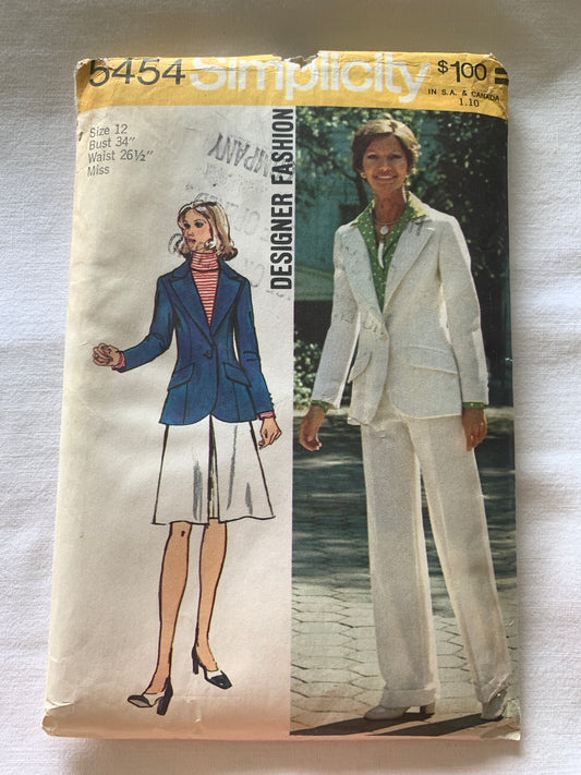 Simplicity Sewing Pattern 5454 Misses' Jacket, Skirt, Pants, Zipper Back, Princess Seams, Pockets, Size 12, Uncut, Vintage 1972