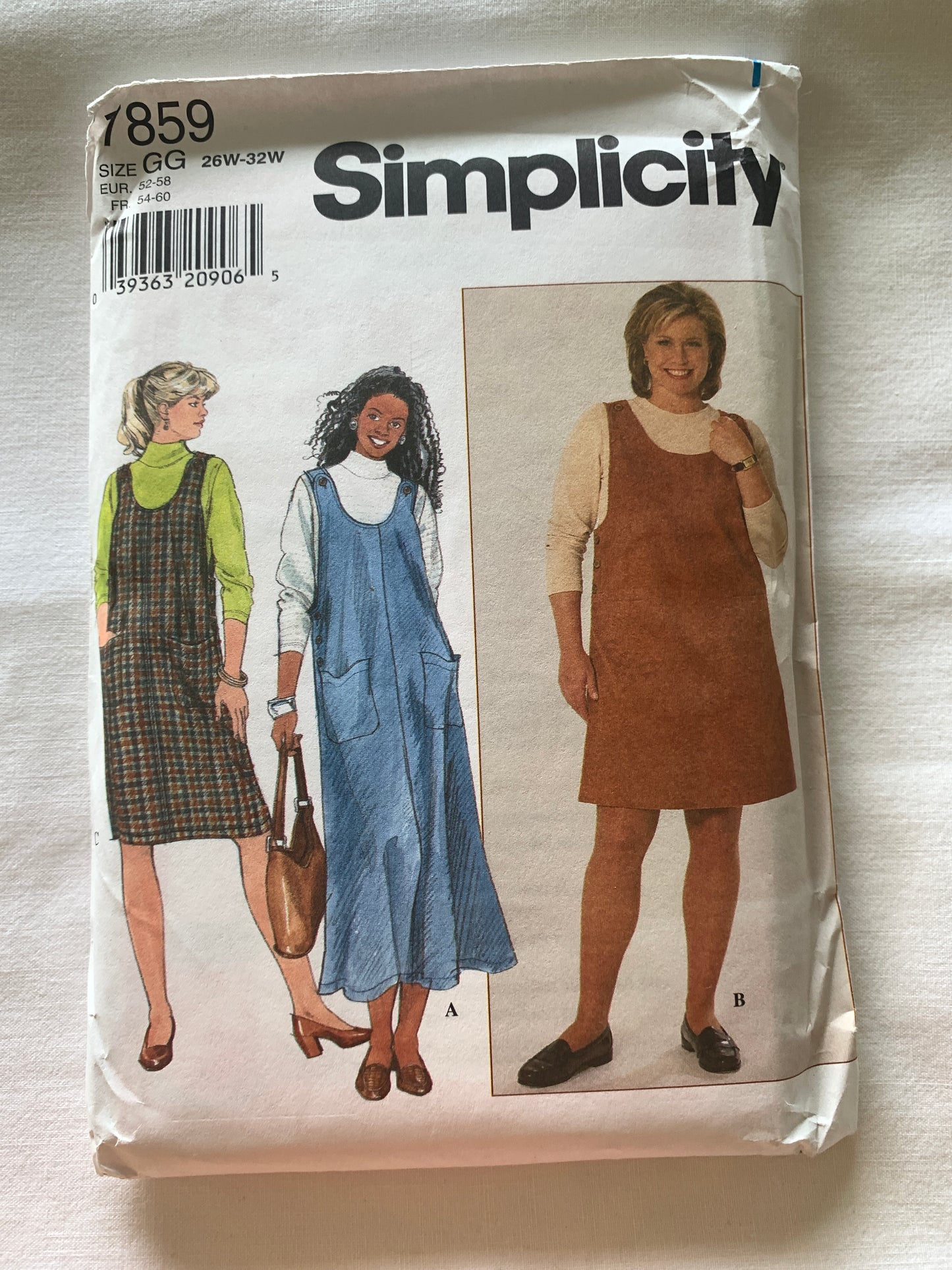 Simplicity Sewing Pattern 7859 Misses' Jumper, Two Lengths, Pockets, Zipper Back, Size 26W-32W, Uncut, Vintage 1997