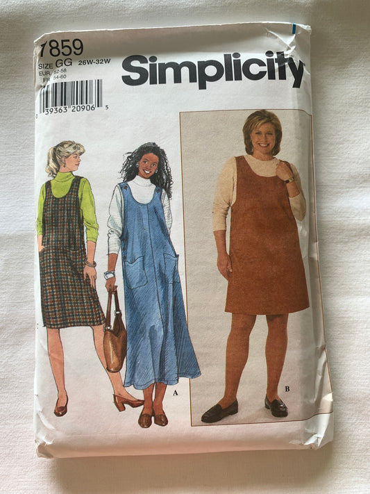 Simplicity Sewing Pattern 7859 Misses' Jumper, Two Lengths, Pockets, Zipper Back, Size 26W-32W, Uncut, Vintage 1997