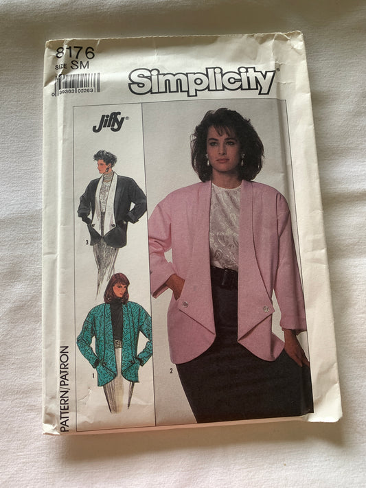 Simplicity Sewing Pattern Jiffy 8176 Misses' Unlined Jacket, Loose-Fitting, Pockets, Long Sleeves, Size 10-12, Uncut, Vintage 1987