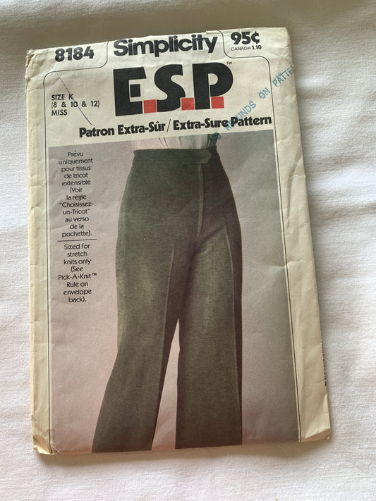 Simplicity Sewing Pattern 8184 Misses' Pants, Front Zipper, Stretch Knit Only, Size 8-12, Uncut, Vintage 1977