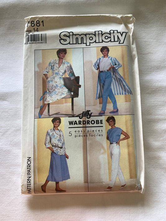 Simplicity Sewing Pattern 7881 Misses' Skirt, Pants, Top, Shirt, Duster Coat, Variations, Size 14, Uncut, Vintage 1987
