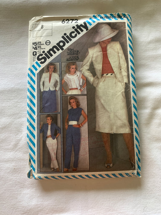 Simplicity Sewing Pattern 6272 Misses' Lined Jacket, Slim Skirt, Pants, Top, Pockets, Button Front, Size 8, Uncut, Vintage 1983