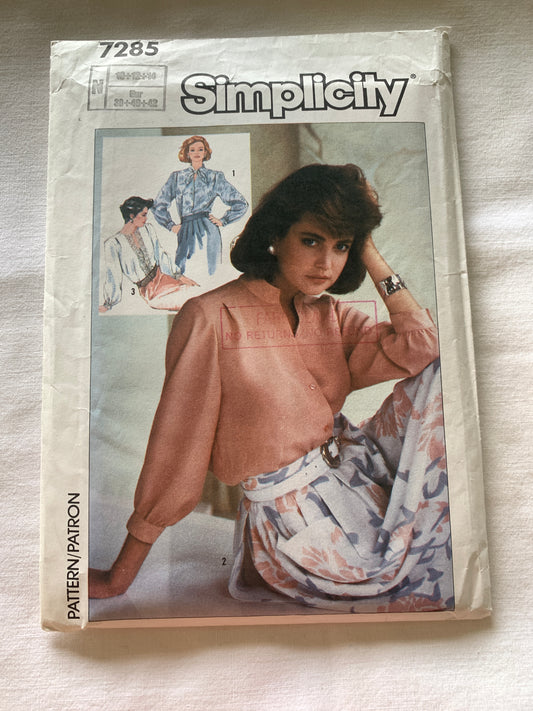 Simplicity Sewing Pattern 7285 Misses' Blouses, Button Front, Long/Short Sleeves, 3 Variations, Size 10-14, Uncut, Vintage 1986