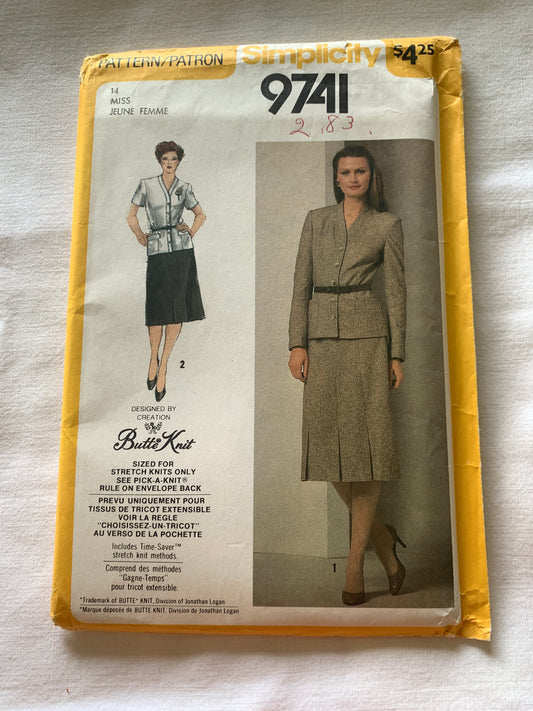 Simplicity Sewing Pattern 9741 Misses' Skirt, Lined Jacket, Side Zipper, Button Front, Size 14, Uncut, Vintage 1980