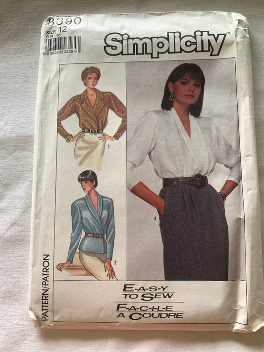 Simplicity Sewing Pattern 8390 Misses' Tops, Long Sleeves, Wrap Front, 3 Variations, Size 12, Uncut, Vintage 1987