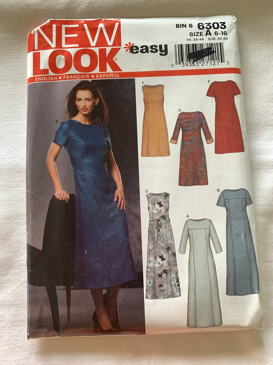 Simplicity New Look Sewing Pattern 6303 Misses' Dresses, Sleeveless, 6 Variations, Zipper Back, Tie Belt, Long/Short Sleeves, Size 6-16, Uncut, Vintage 2003