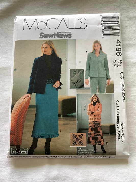 McCall's Sewing Pattern 4196 Misses'/Miss Petite Unlined Jackets, Pants, Skirts, Semi-Fitted, Zipper Back, Size 18-22, Uncut, Vintage 2003