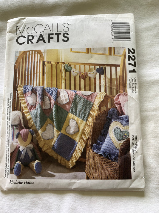 McCall's Sewing Pattern 2271 Crafts, Baby Room Essentials,Chenille 24" Bunny/Bear, Pillow, Quilt Garland, Uncut, Vintage 1999