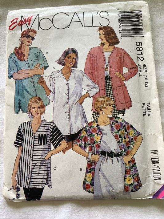 McCall's Sewing Pattern 5812 Misses' Oversized Shirt, Loose-Fitting, Collar, Pockets, Long Sleeves, Button Front, Size 10-12, Uncut, Vintage 1992
