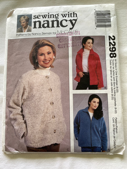 McCall's Sewing Pattern Nancy Zieman 2298 Misses' Unlined Jacket, Long Sleeves, Button/Zipper Front, Size 8-22, Uncut, Vintage 1999