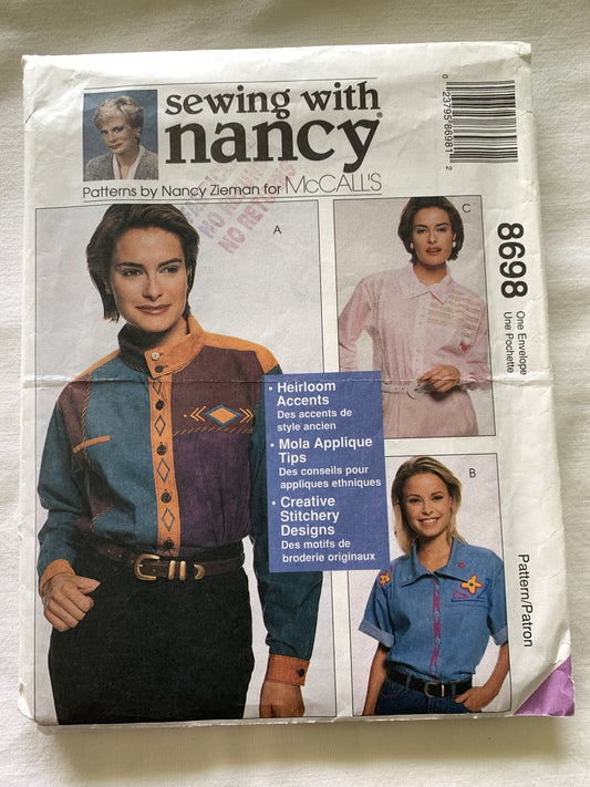 McCall's Sewing Pattern Nancy Zieman 8698 Misses' Shirts, Long/Short Sleeves, Button Front, Loose-Fitting, Size 8-22, Uncut, Vintage 1997