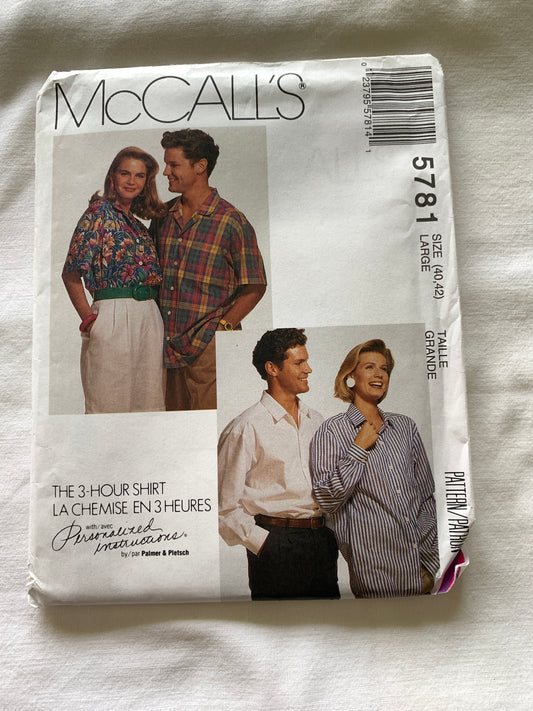 McCall's Sewing Pattern 5781 Misses' Men's Teens Shirt, Pockets, Button Front, Shirttail, Size 40-42, Uncut, Vintage 1992