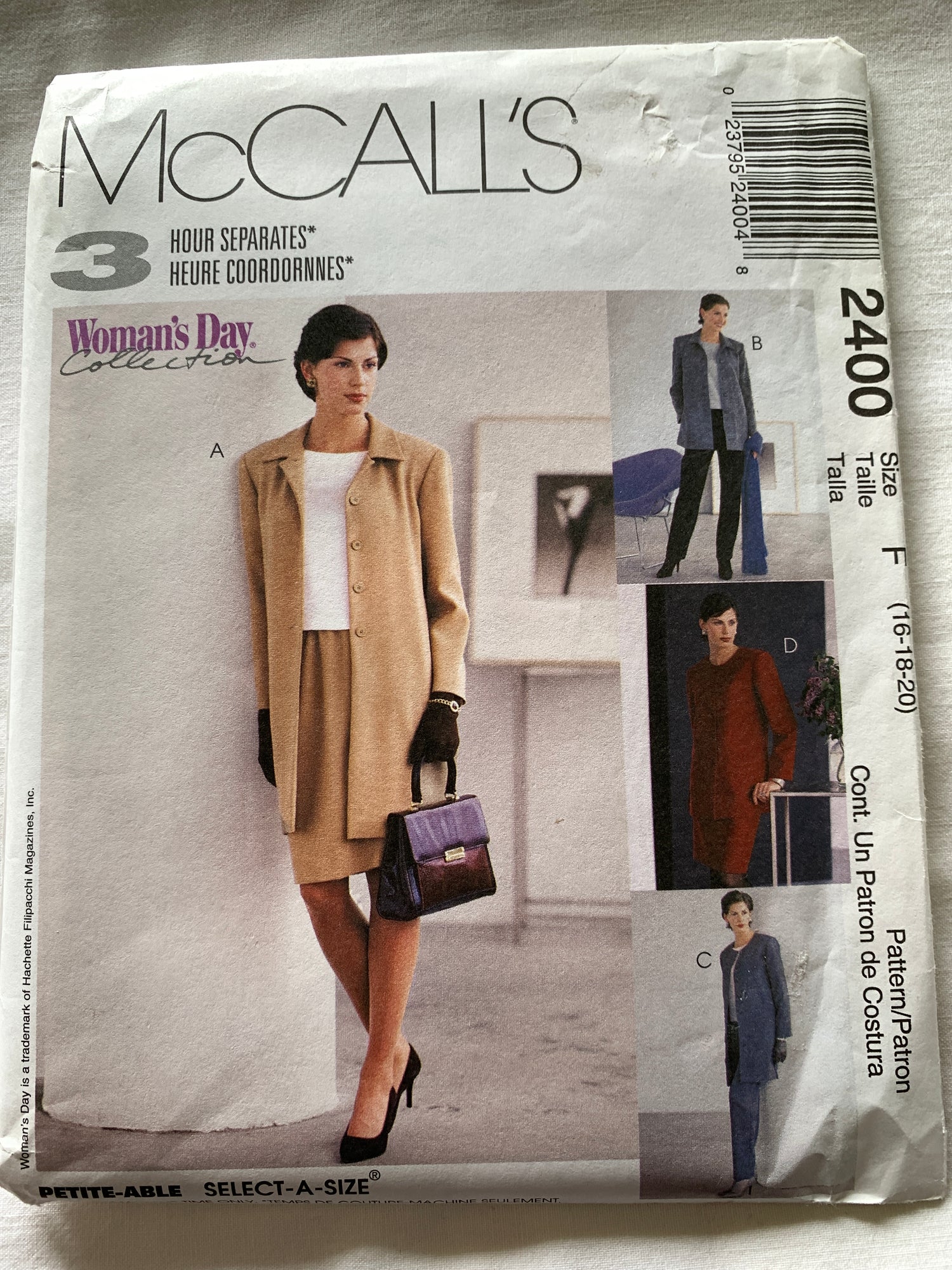 McCall's Sewing Pattern 2400 Misses' Unlined Jacket Two Lengths, Top, Pants, Skirt, Pockets, Size 16-20, Uncut, Vintage 1999