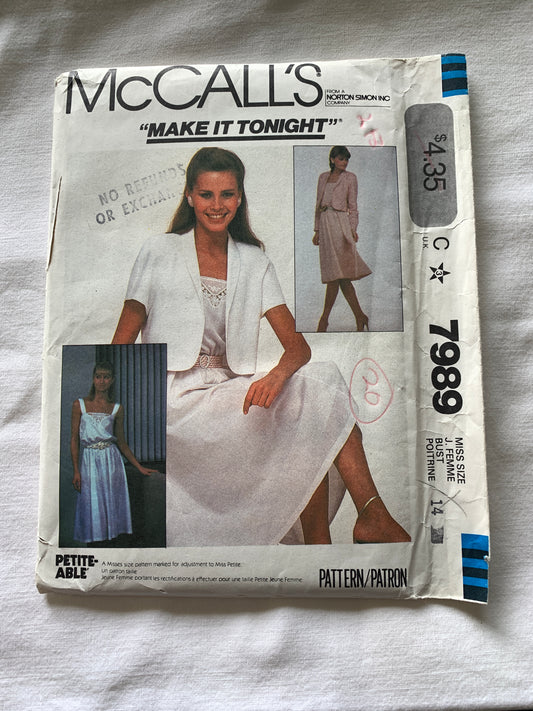 McCall's Sewing Pattern 7989 Misses' Unlined Jacket, Sleeveless Dress, Two Lengths, Flared, Size 14, Uncut, Vintage 1982