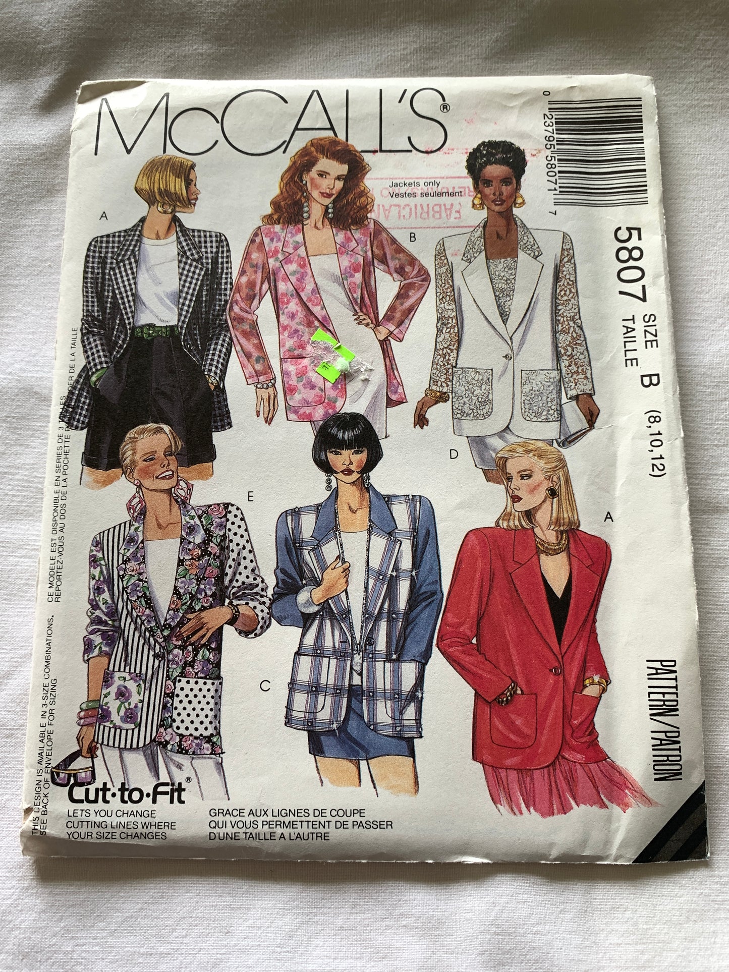 McCall's Sewing Pattern 5807 Misses' Unlined Jacket, Pockets, Long Sleeves, Shoulder Pads, Size 8-12, Uncut, Vintage 1992