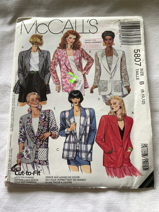 McCall's Sewing Pattern 5807 Misses' Unlined Jacket, Pockets, Long Sleeves, Shoulder Pads, Size 8-12, Uncut, Vintage 1992