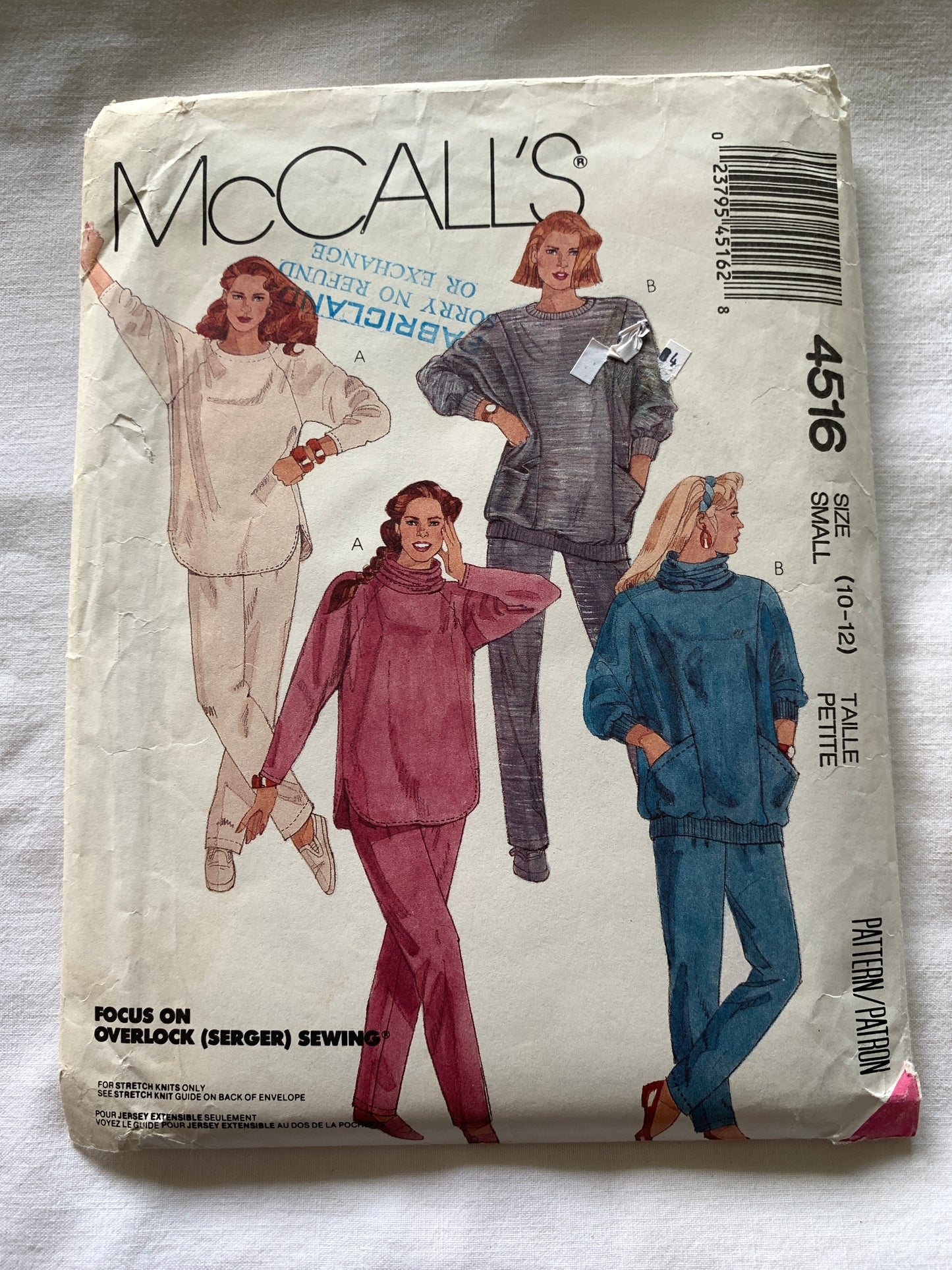 McCall's Sewing Pattern 4516 Misses' Top, Detachable Cowl, Pants, Stretch Knit Only, Pullover, Elastic Waist, Size 10-12, Uncut, Vintage 1989
