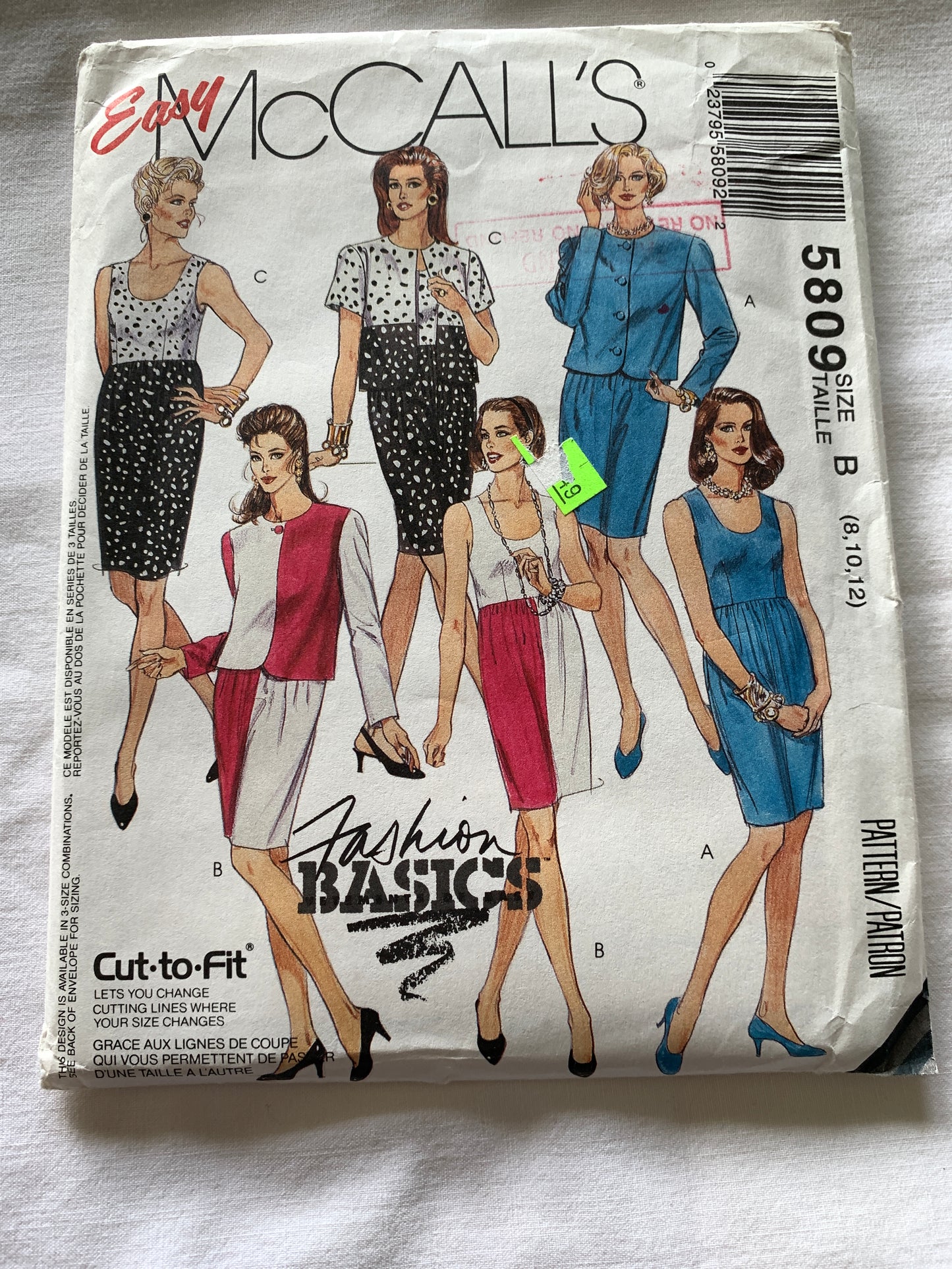 McCall's Sewing Pattern 5809 Misses' Unlined Jacket, Sleeveless Dress, Button Front, Size 8-12, Uncut, Vintage 1992
