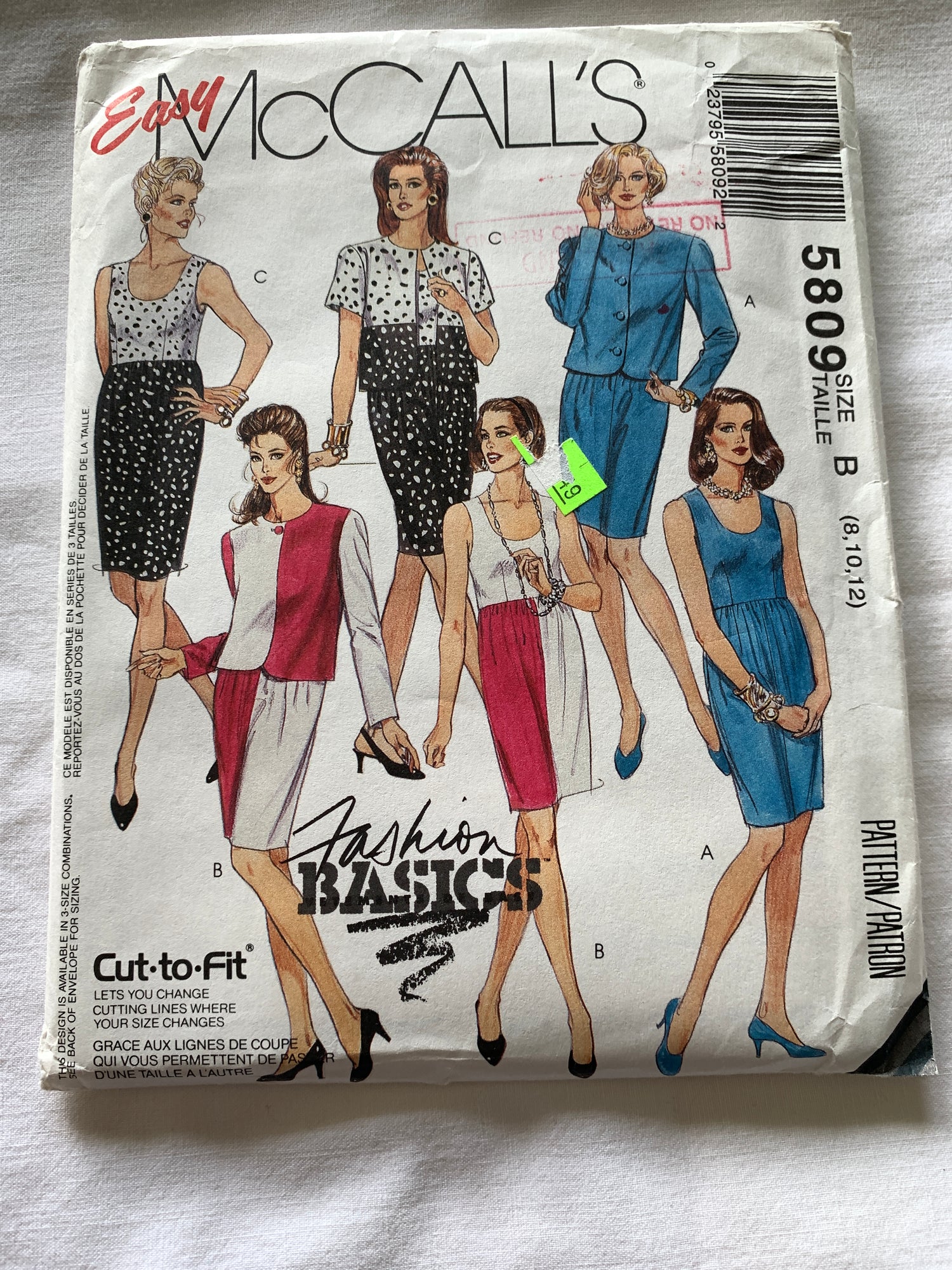 McCall's Sewing Pattern 5809 Misses' Unlined Jacket, Sleeveless Dress, Button Front, Size 8-12, Uncut, Vintage 1992
