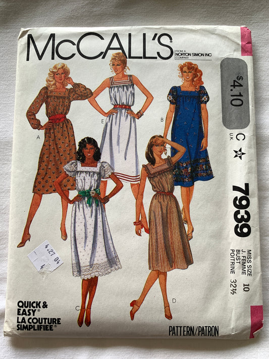 McCall's Sewing Pattern 7939 Misses' Dresses, 5 Variations, Loose-Fitting, Pullover, Long/Short Sleeves, Size 10, Uncut, Vintage 1982