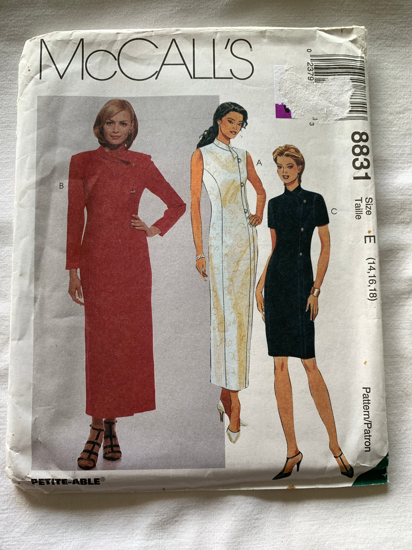 McCall's Sewing Pattern 8831 Misses' Mock Wrap Dress, Shoulder Pads, Semi-Fitted, Size 14-18, Uncut, Vintage 1997