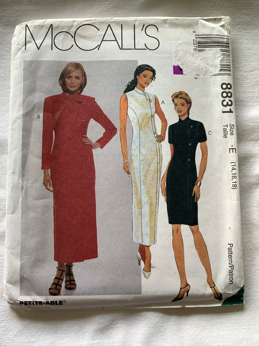 McCall's Sewing Pattern 8831 Misses' Mock Wrap Dress, Shoulder Pads, Semi-Fitted, Size 14-18, Uncut, Vintage 1997