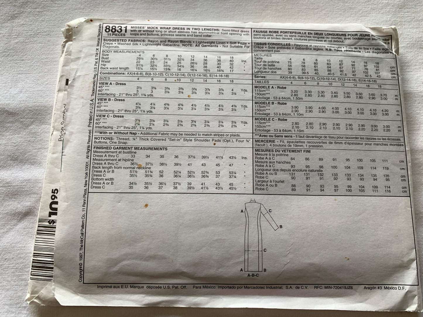 McCall's Sewing Pattern 8831 Misses' Mock Wrap Dress, Shoulder Pads, Semi-Fitted, Size 14-18, Uncut, Vintage 1997