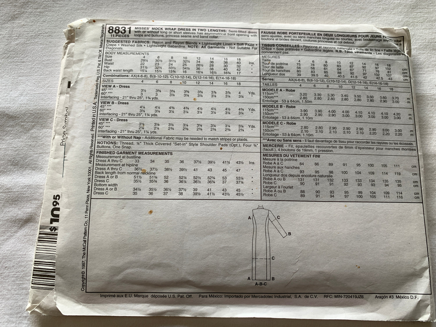 McCall's Sewing Pattern 8831 Misses' Mock Wrap Dress, Shoulder Pads, Semi-Fitted, Size 14-18, Uncut, Vintage 1997