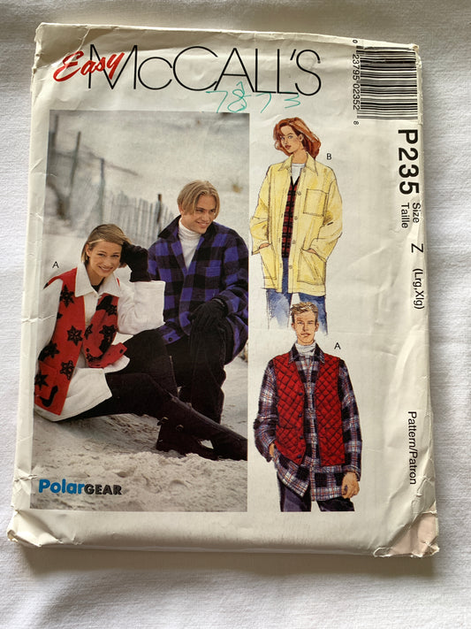 McCall's Sewing Pattern P235 Misses'/Men's Shirt-Jacket, Lined Vest, Pockets, Boxy, Loose Fitting, Size 38-44, Uncut, Vintage 1996 