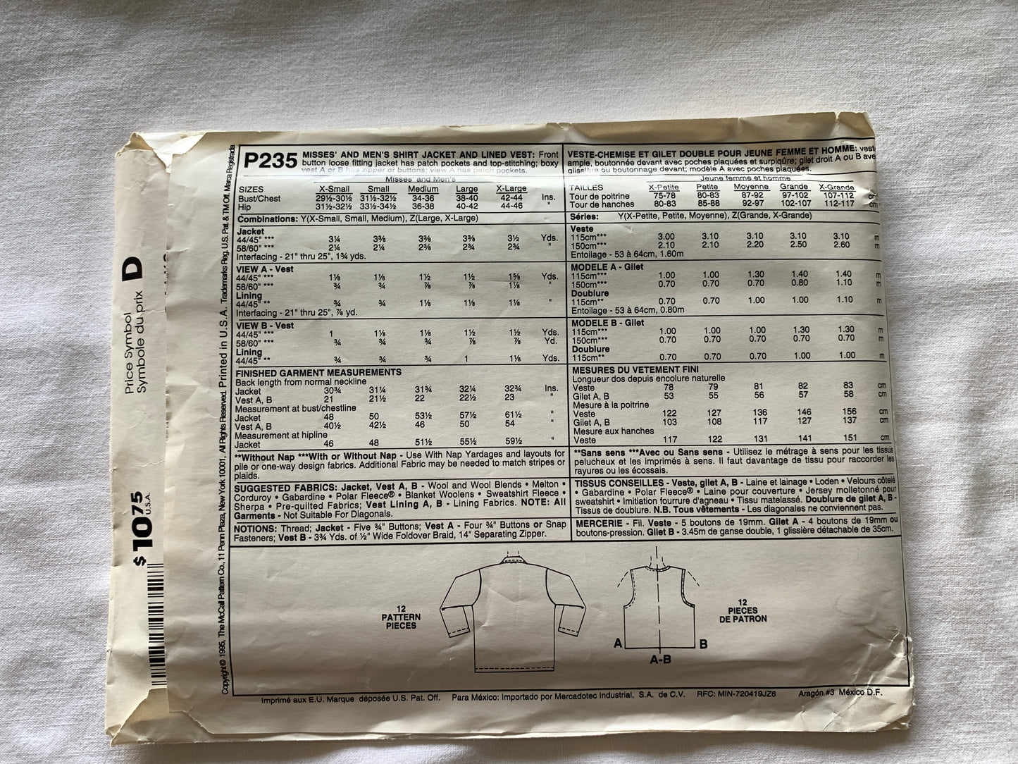 McCall's Sewing Pattern P235 Misses'/Men's Shirt-Jacket, Lined Vest, Pockets, Boxy, Loose Fitting, Size 38-44, Uncut, Vintage 1996 