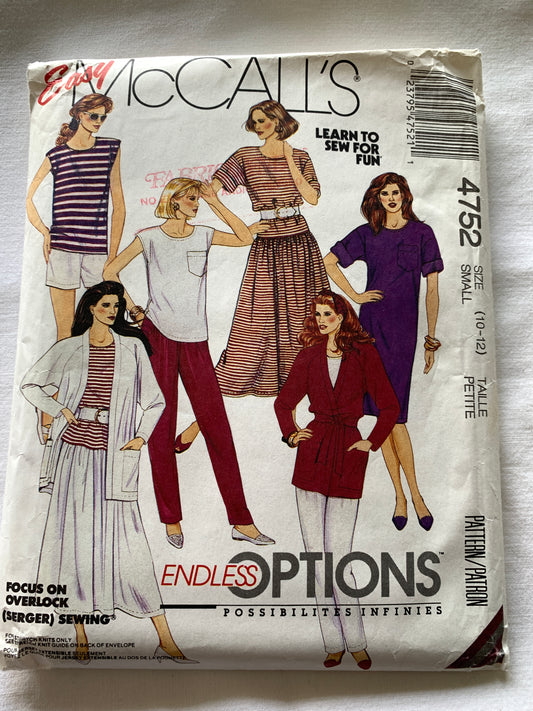 McCall's Sewing Pattern 4752 Misses' Unlined Jacket, Tie Belt, Dress, Top, Pants, Skirt, Shorts, Pull-Over, Pull-On, Size 10-12, Uncut,Vintage 1990