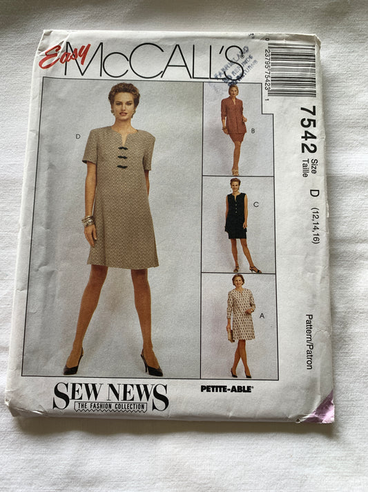 McCall's Sewing Pattern 7542 Misses' Unlined Jacket/Vest, Skirt, Long/Short Sleeves,Zipper Back, Size 12-16, Uncut, Vintage 1995