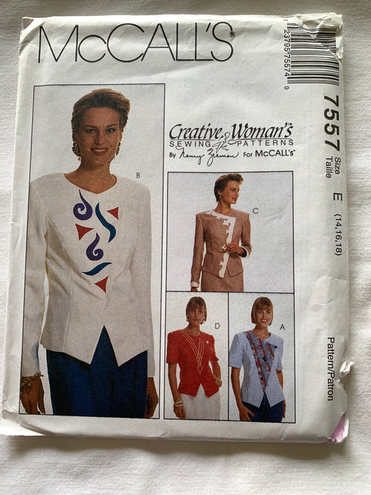 McCall's Sewing Pattern Nancy Zieman 7557 Misses' Unlined/Lined Jacket, Long/Short Sleeves, Button Front, Princess Seams, Size 14-18, Uncut, Vintage